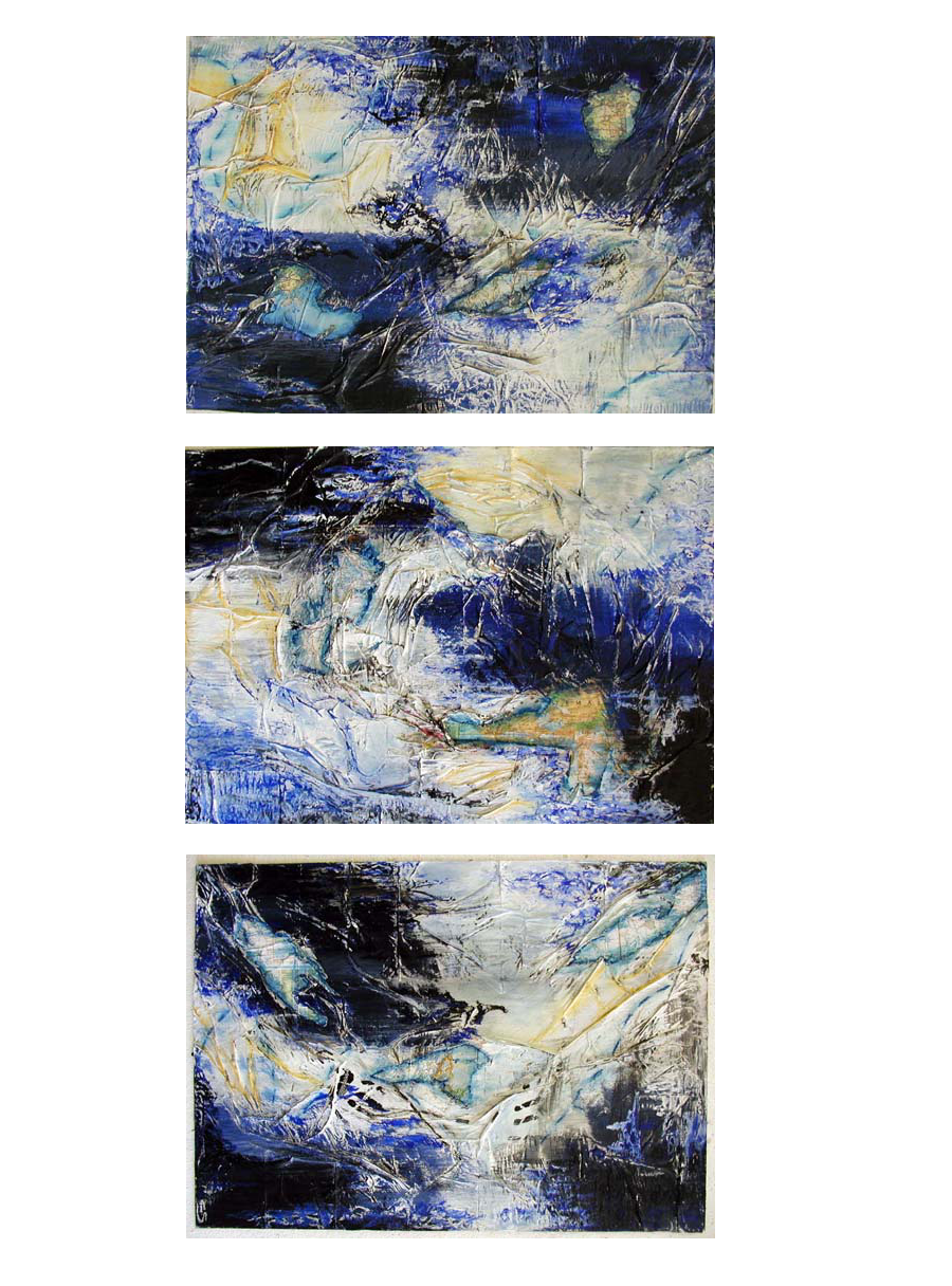 A series of mixed media paintings with charcoal, graphite, and acrylic paint depicting atmospheric gestures.