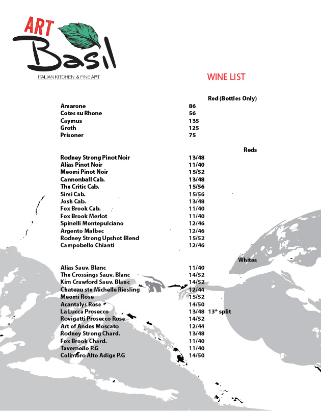 Menu Design for Art Basil, Palm Beach - Modern Italian Cuisine & Fine Art